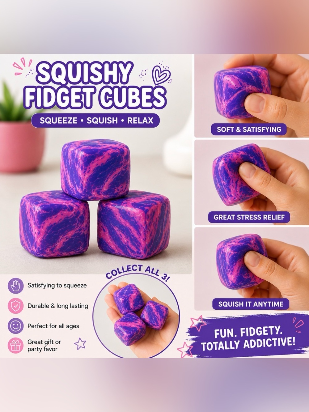 Squishy Fidget Cube Set - Purple & Pink Marbled